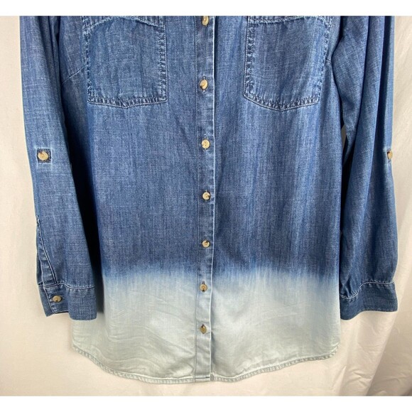 J.Jill Tunic Top Womens M Ombre Blue Chambray Dip Dyed Button‎ Front Denim - Picture 3 of 11